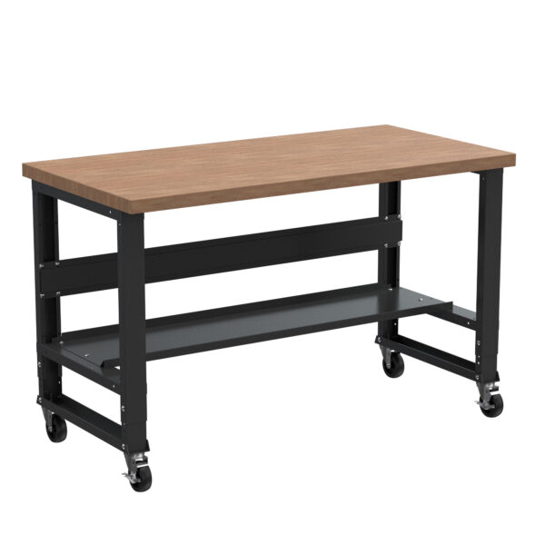 Borroughs hardwood top adjustable mobile workbench with stringer and bottom shelf painted in black