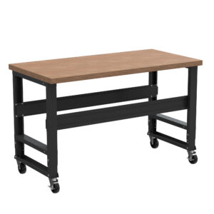 Borroughs hardwood top adjustable mobile workbench with stringers painted in black