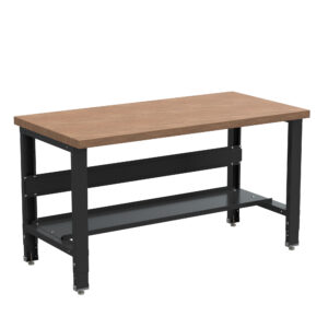 Borroughs hardwood top adjustable workbench with stringer and bottom shelf painted in black
