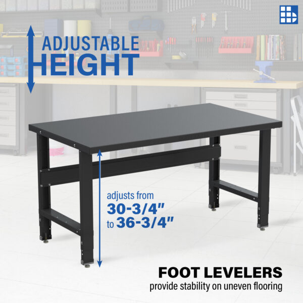 Borroughs demonstrates the adjustability from thirty and three-quarter inches to thirty-six and three quarter inches of steel workbenches. Also shows workbench foot levelers that provide stability on uneven flooring.