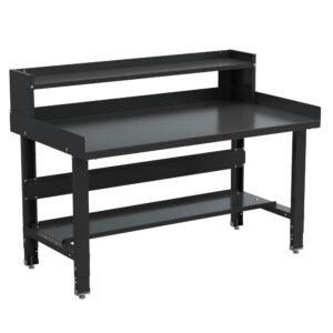 Borroughs steel painted top adjustable heavy-duty workbench with stringer bottom shelf and ledge shelf and back and end guards in black