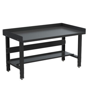 Borroughs steel workbench with painted top adjustable height with stringer and bottom shelf and back and end guards in black