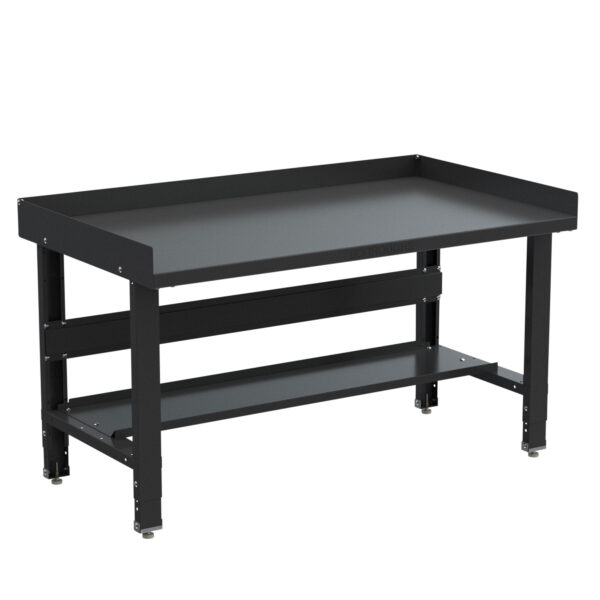 Borroughs steel workbench with painted top adjustable height with stringer and bottom shelf and back and end guards in black