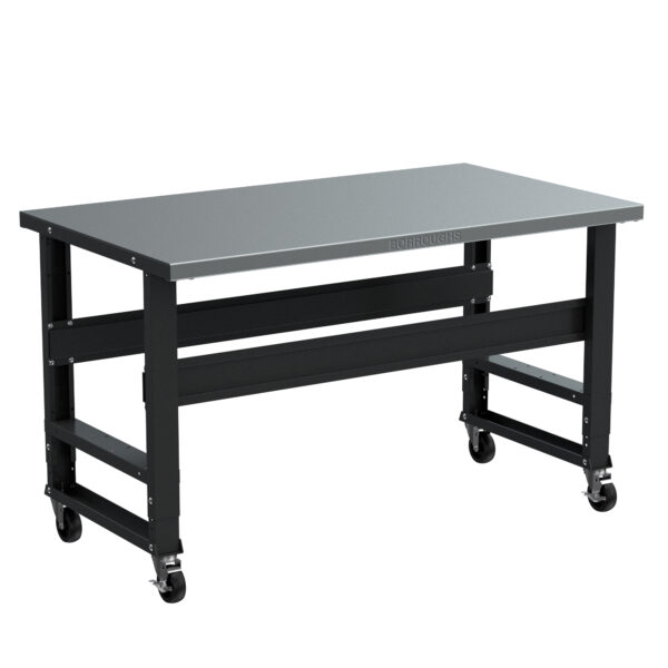 Borroughs stainless steel top adjustable mobile workbench with two stringers painted in black