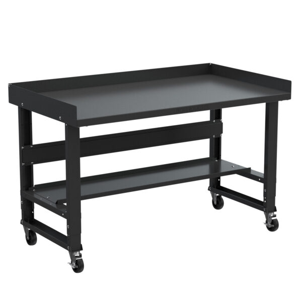borroughs steel painted top adjustable mobile workbench with stringer and bottom shelf and back and end guards in black