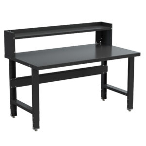 Borroughs steel workbench with painted top adjustable height with stringer and ledge shelf in black