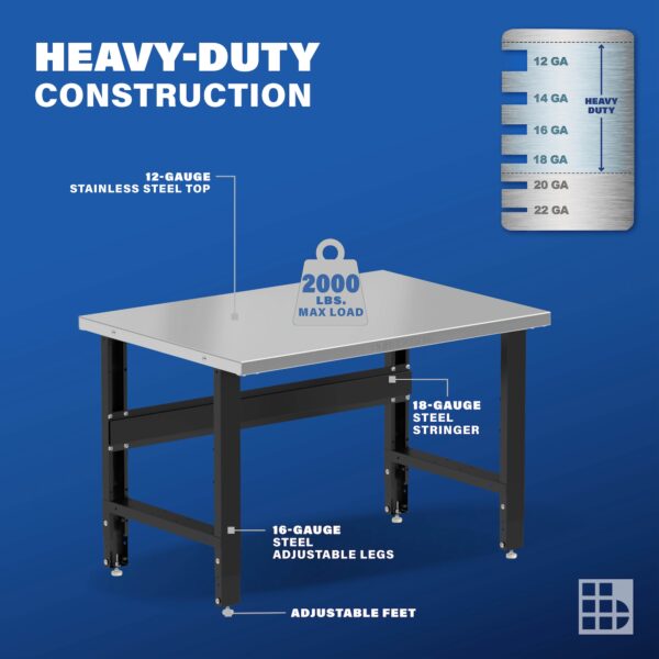 Image showcasing steel gauge details for a 4 ft stainless steel workbench