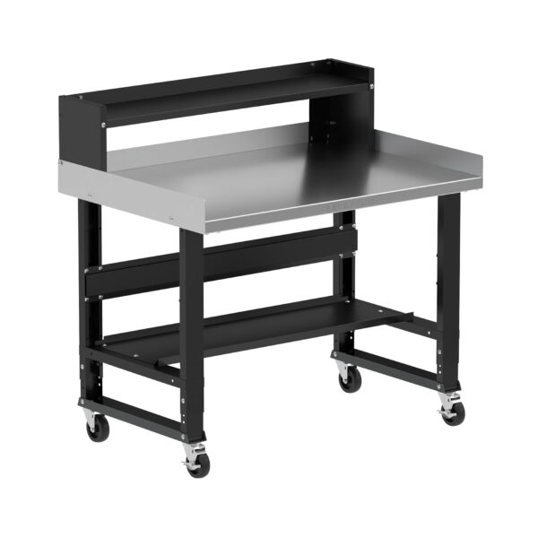 Borroughs 4 ft Mobile Stainless Steel Workbench, Black 48" Wide Rolling Adjustable Height Workbenches with Stainless Steel Top with Bottom Shelf, Ledge Shelf, Edge Guards, and Casters