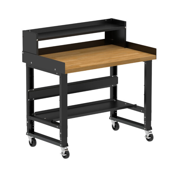 Borroughs 4 ft Wood Top Mobile Workbench, Black 48" Wide Rolling Adjustable Height Workbench with Hardwood Top with Bottom Shelf, Ledge Shelf, Edge Guards, and Casters