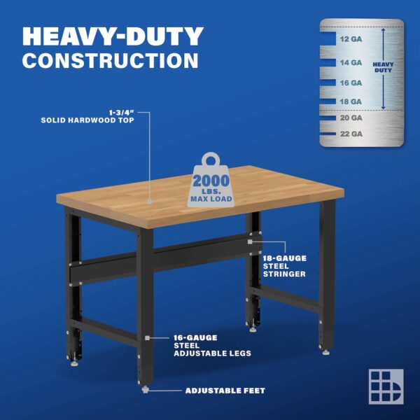 Image showcasing steel gauge details for a 48 inch wood workbench