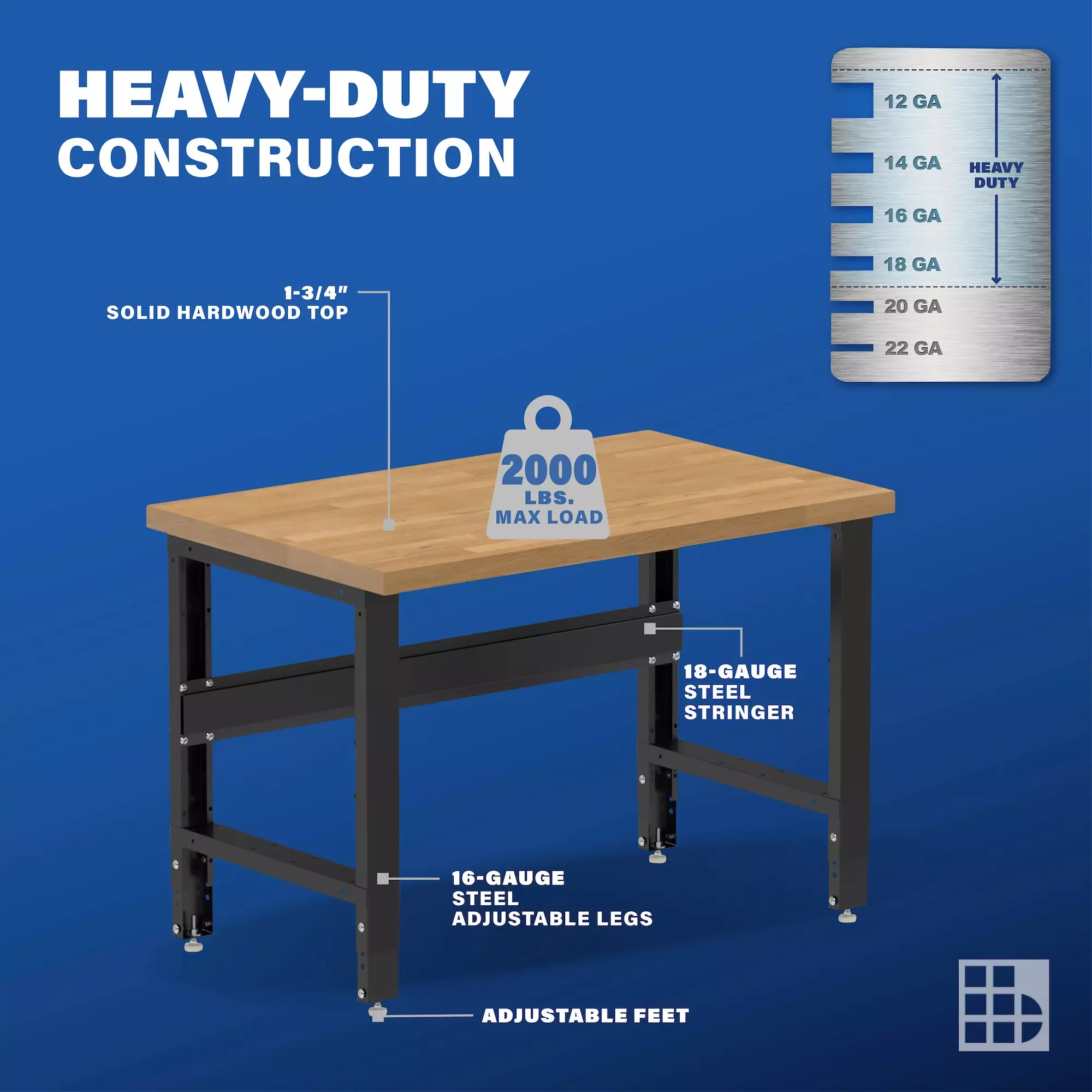 Image showcasing steel gauge details for a 48 inch wood workbench