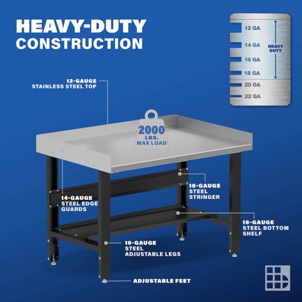 Image showcasing steel gauge details for a 48" Heavy Duty Stainless Steel Workbench