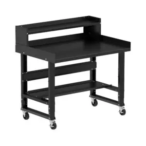 Borroughs 48 Inch Mobile Workbench, Black 48" Wide Rolling Adjustable Height Workbenches with Steel Painted Top with Bottom Shelf, Ledge Shelf, Edge Guards, and Casters