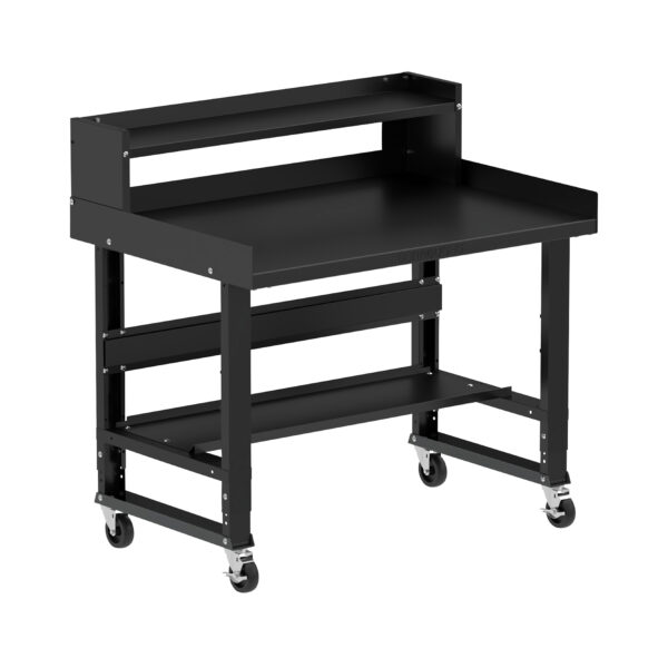 Borroughs 48 Inch Mobile Workbench, Black 48" Wide Rolling Adjustable Height Workbenches with Steel Painted Top with Bottom Shelf, Ledge Shelf, Edge Guards, and Casters