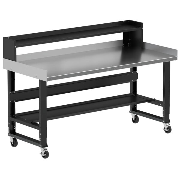 Borroughs 6 ft Stainless Steel Mobile Workbench, Black 72" Wide Rolling Adjustable Height Workbenches with Stainless Steel Top with Bottom Shelf, Ledge Shelf, Edge Guards, and Casters