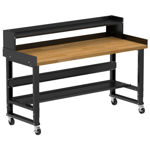 Borroughs 6 ft Wood Top Mobile Workbench, Black 72" Wide Rolling Adjustable Height Workbench with Hardwood Top with Bottom Shelf, Ledge Shelf, Edge Guards, and Casters