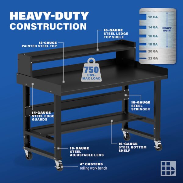 Image showcasing steel gauge details for a 60 inch Mobile Steel Workbench