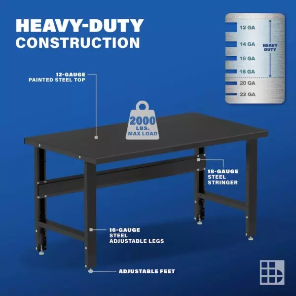 Image showcasing steel gauge details for a 60 inch steel workbench