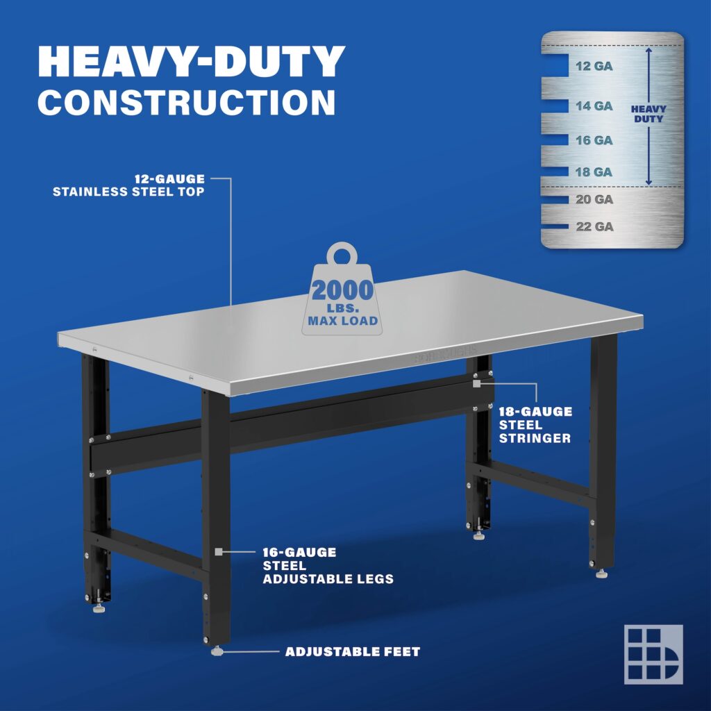 60″ W Adjustable Height Workbench w/ Stainless Steel Top | Borroughs
