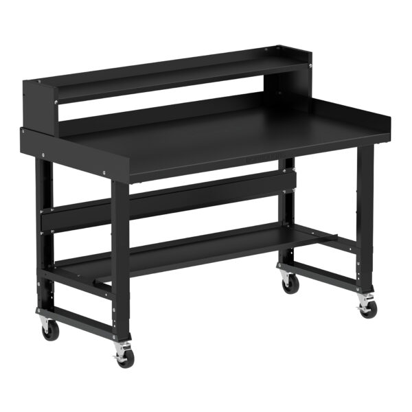 Borroughs 60 Inch Mobile Workbench, Black 60" Wide Rolling Adjustable Height Workbenches with Steel Painted Top with Bottom Shelf, Ledge Shelf, Edge Guards, and Casters