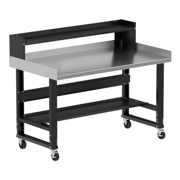 Borroughs 60 Inch Stainless Steel Mobile Workbench, Black 60" Wide Rolling Adjustable Height Workbenches with Stainless Steel Top with Bottom Shelf, Ledge Shelf, Edge Guards, and Casters