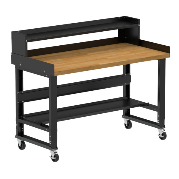 Borroughs 60 Inch Wood Top Mobile Workbench, Black 60" Wide Rolling Adjustable Height Workbench with Hardwood Top with Bottom Shelf, Ledge Shelf, Edge Guards, and Casters