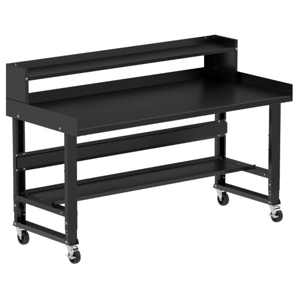 Borroughs 72 Inch Mobile Workbench, Black 72" Wide Rolling Adjustable Height Workbenches with Steel Painted Top with Bottom Shelf, Ledge Shelf, Edge Guards, and Casters