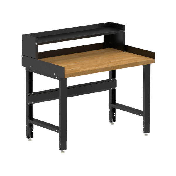 Borroughs Adjustable Height Garage Workbench, Black 48" Wide Adjustable Height Workbench with Hardwood Top with Ledge Shelf and Edge Guards