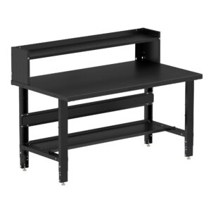 Borroughs Adjustable Height Garage Workbench, Black 60" Wide Adjustable Height Workbenches with Steel Painted Top with Bottom and Ledge Shelves