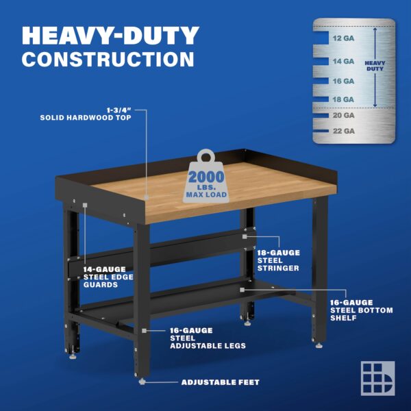 Image showcasing steel gauge details for a 48" Wide Heavy Duty Wood Workbench