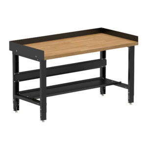 Borroughs Heavy Duty Workbench, Black 60" Wide Adjustable Height Workbench with Hardwood Top with Bottom Shelf and Edge Guards