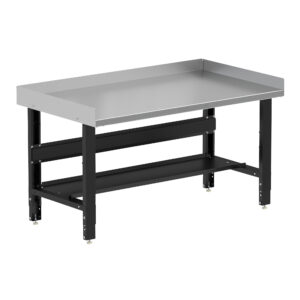 Borroughs Heavy Duty Workbench, Black 60" Wide Adjustable Height Workbenches with Stainless Steel Top with Bottom Shelf and Edge Guards