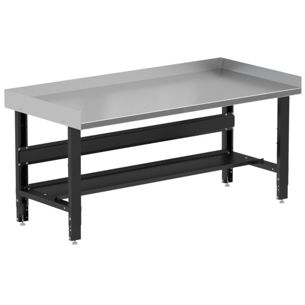 Borroughs Heavy Duty Workbench, Black 72" Wide Adjustable Height Workbenches with Stainless Steel Top with Bottom Shelf and Edge Guards