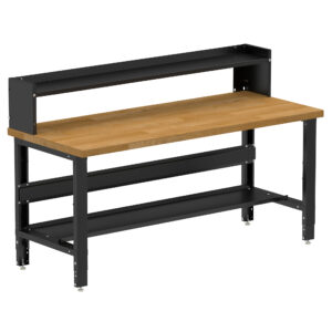 Borroughs Large Workbench For Sale, Black 72" Wide Adjustable Height Workbench with Hardwood Top with Bottom and Ledge Shelves