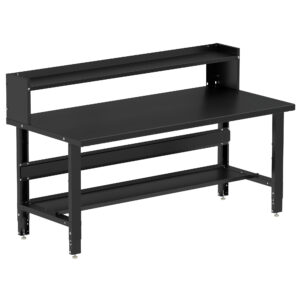 Borroughs Large Workbench For Sale, Black 72" Wide Adjustable Height Workbenches with Steel Painted Top with Bottom and Ledge Shelves