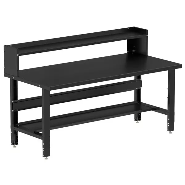 Borroughs Large Workbench For Sale, Black 72" Wide Adjustable Height Workbenches with Steel Painted Top with Bottom and Ledge Shelves