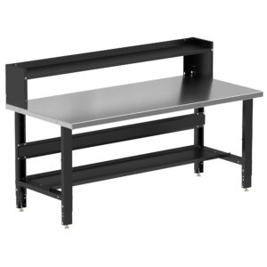 Borroughs Large Workbench, Black 72" Wide Adjustable Height Workbenches with Stainless Steel Top with Bottom and Ledge Shelves