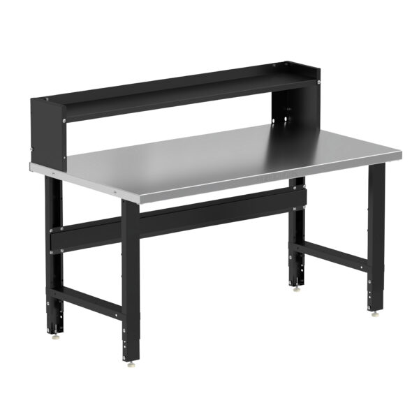 Borroughs Workbenches For Garages, Black 60" Wide Adjustable Height Workbenches with Stainless Steel Top with Ledge Shelf
