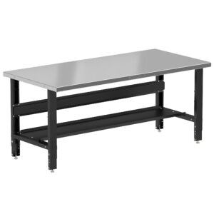 Borroughs Adjustable Work Bench, Black 72" Wide Adjustable Height Workbenches with Stainless Steel Top with Bottom Shelf