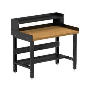 Borroughs Hardwood Workbench, Black 48" Wide Adjustable Height Workbench with Hardwood Top, Bottom Shelf, Ledge Shelf, and Edge Guards