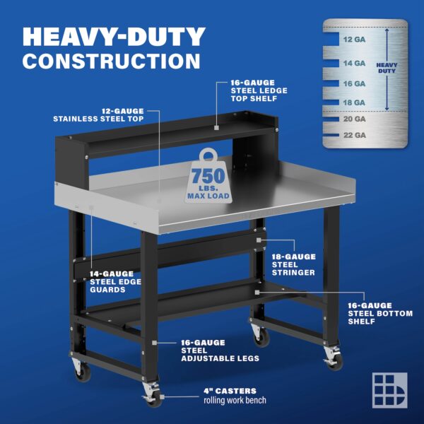 Image showcasing steel gauge details for a 4 ft mobile stainless steel Workbench