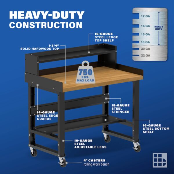 Image showcasing steel gauge details for a 4 ft wood top mobile workbench