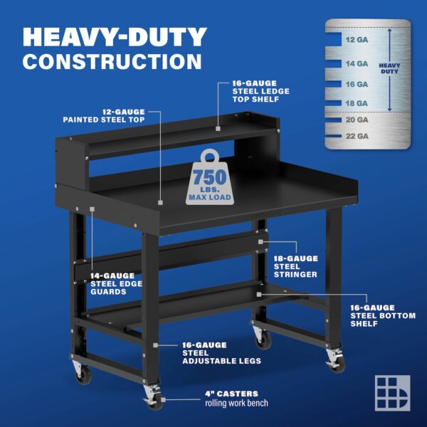 Image showcasing steel gauge details for a 48 inch Mobile Steel Workbench
