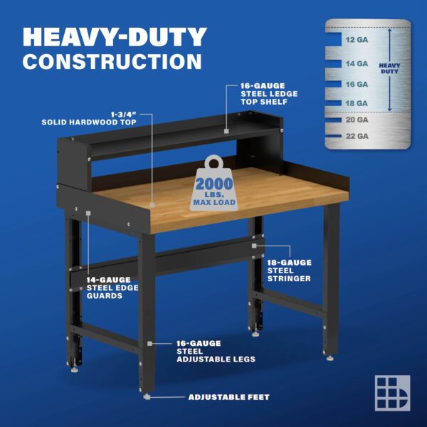 Image showcasing steel gauge details for a 48" Wide Adjustable Height Garage Wood Workbench