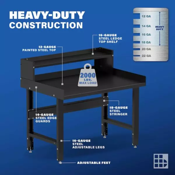 Image showcasing steel gauge details for a 48" Wide Adjustable Height Garage Steel Workbench