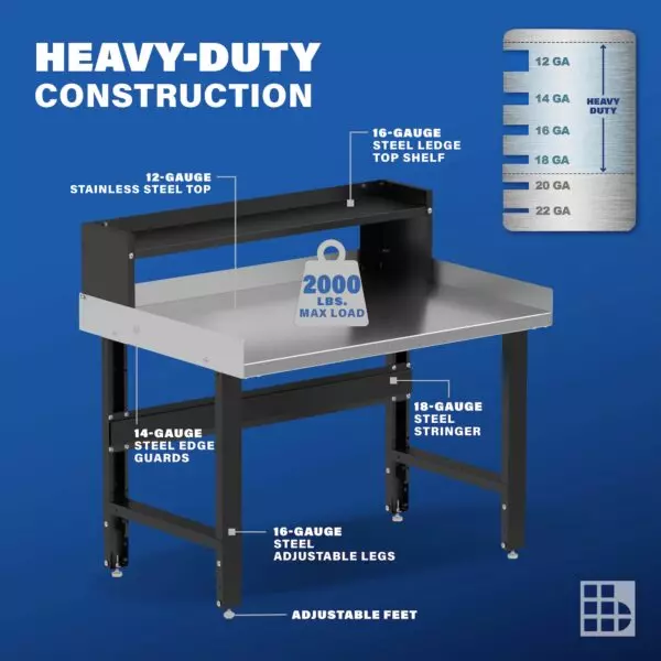 Image showcasing steel gauge details for a 48" Adjustable Height Garage Stainless Steel Workbench