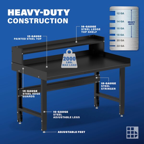 Image showcasing steel gauge details for a 60" Wide Adjustable Height Garage Steel Workbench