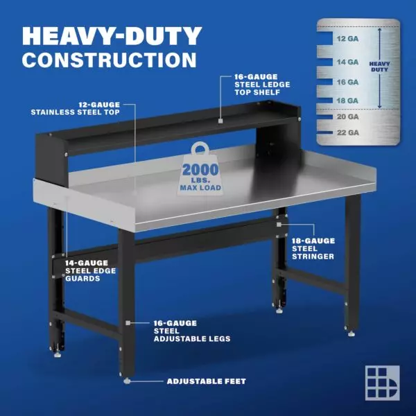 Image showcasing steel gauge details for a 60" Wide Adjustable Height Garage Stainless Steel Workbench