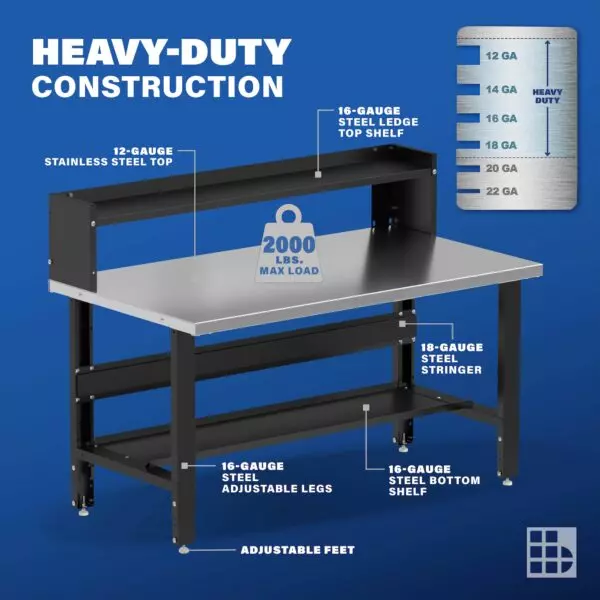 Image showcasing steel gauge details for a 60" Wide Adjustable Height Garage Stainless Steel Workbenches