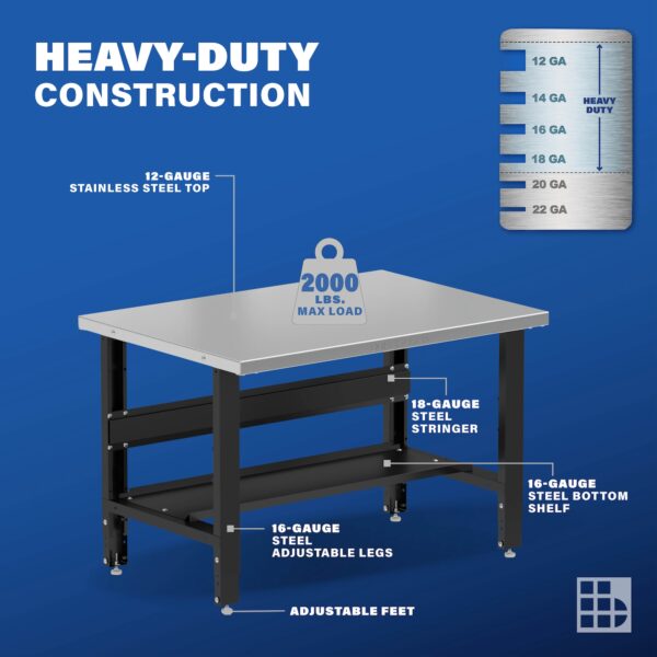 Image showcasing steel gauge details for a 48" adjustable height stainless steel workbench